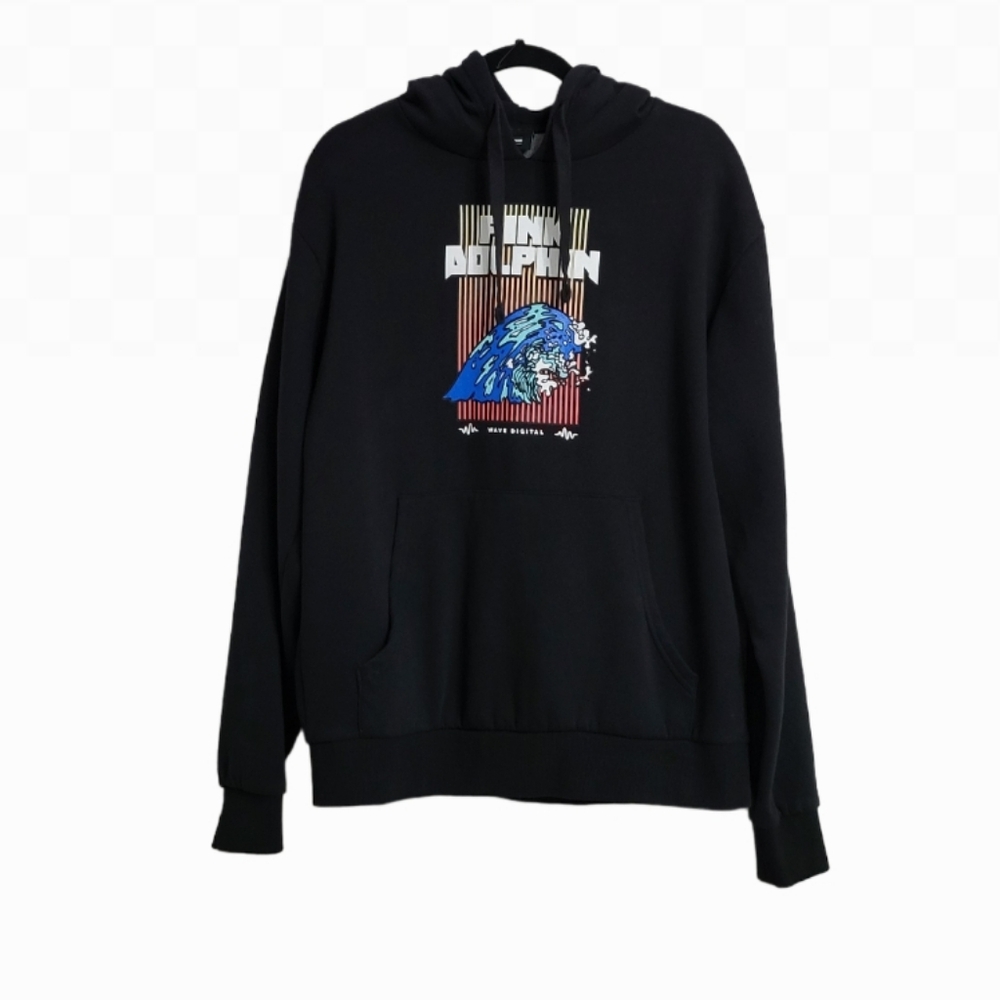 Pink + Dolphin Vintage Men's Black Hoodie. Size L